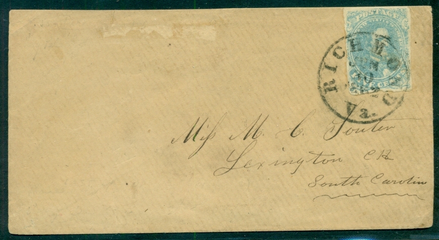 CONFEDERATE STATES 1862 5¢ (#4b) tied RICHMOND VA last day of 5¢ rate, Civil War