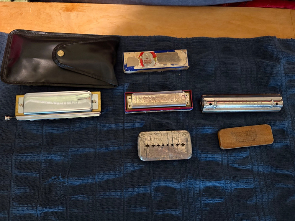 5 vintage Harmonicas. Beautiful instruments
