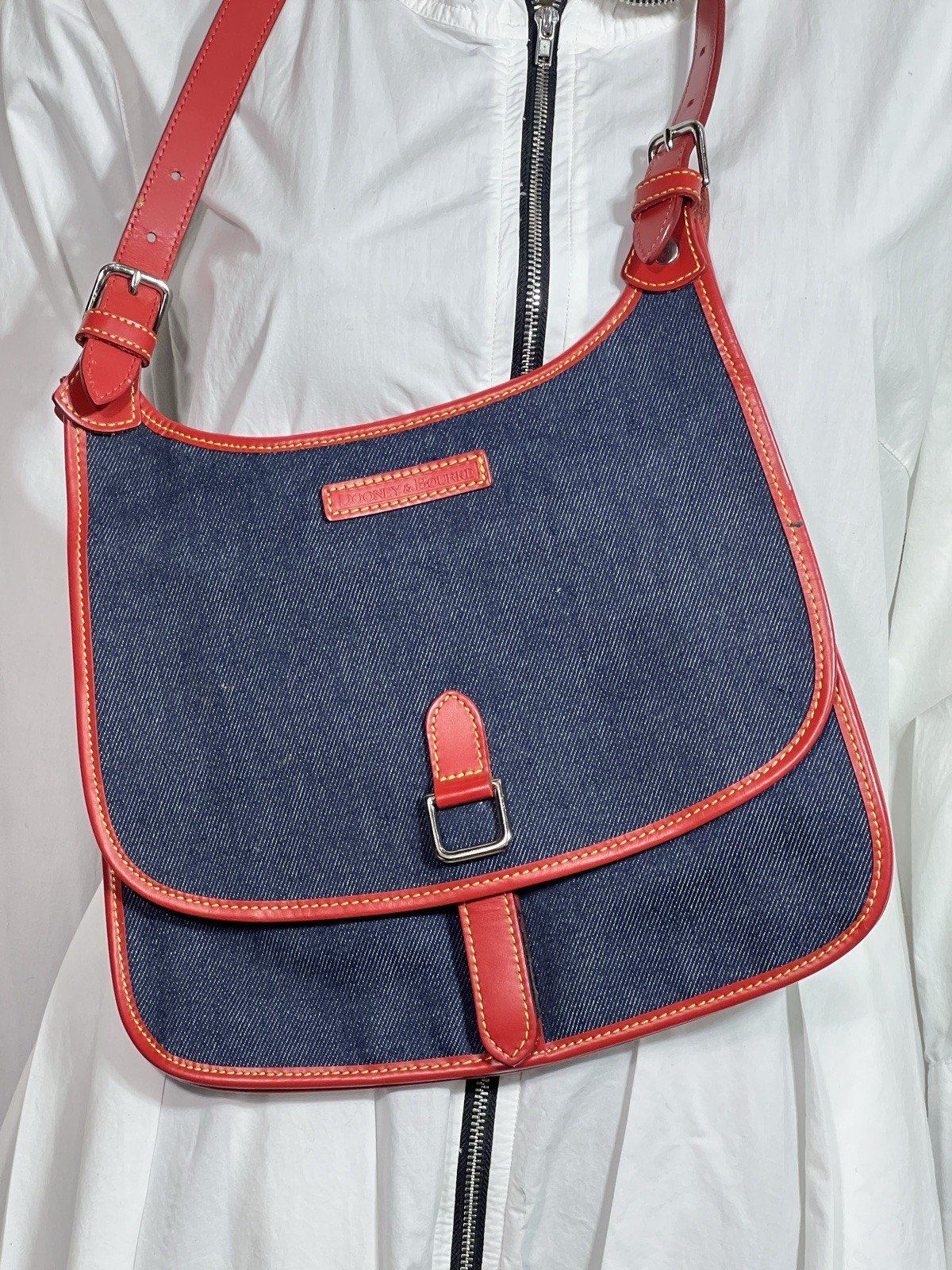Vintage Dooney & Bourke Blue Denim Saddle Bag Red Leather Trim Messenger Handbag