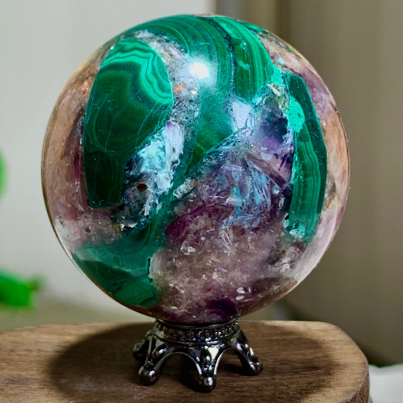 94G Newly discovered rare malachite purple mica symbiotic sphere restoration