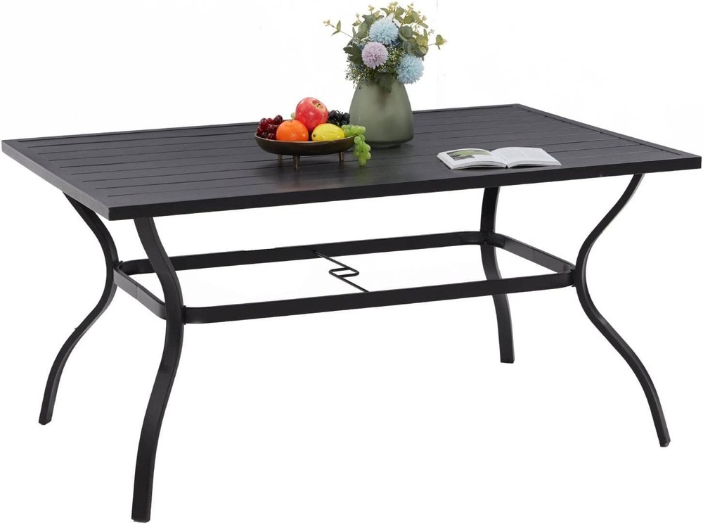 60" Outdoor Dining Table Metal Rectangular Patio Dining Table with Umbrella Hole