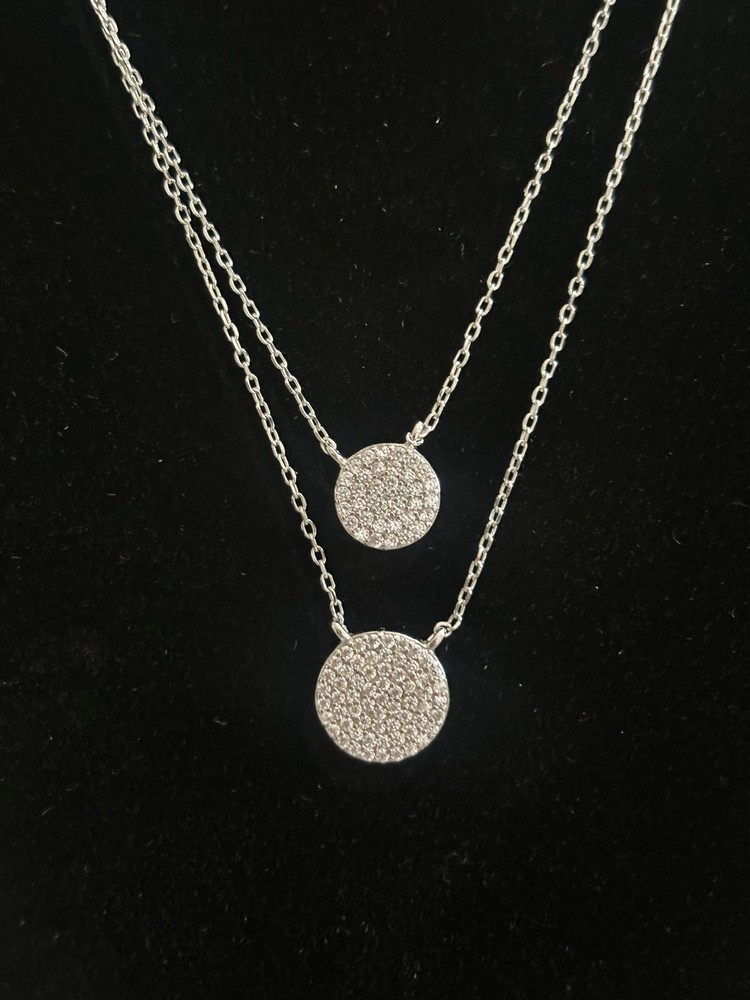 925 Silver Small Double Round CZ Disc Layered Necklace