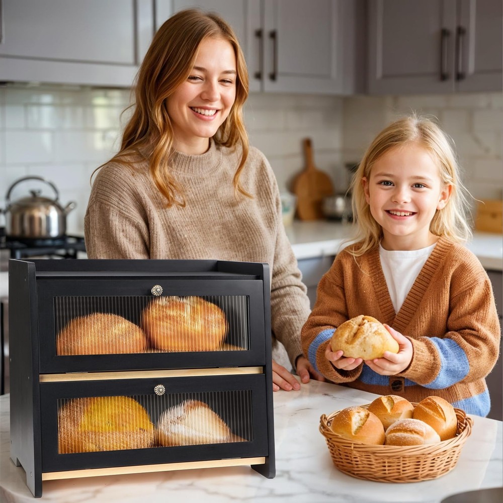 VEDALIO Bread Box For Kitchen Countertop, Black Breadbox, Bread Boxes for Kitche