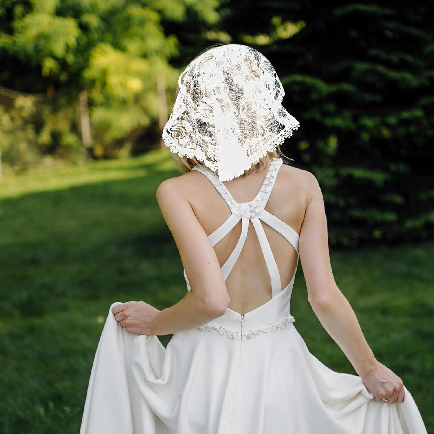 2 Pcs Lace Chapel Veil Head Coverings – Black & White Floral Short Mantilla