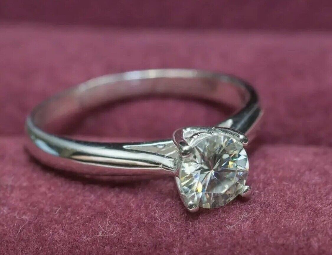 1.00Ct Round Cut GRA Moissanite Solitaire Engagement Ring 14K White Gold Size 7