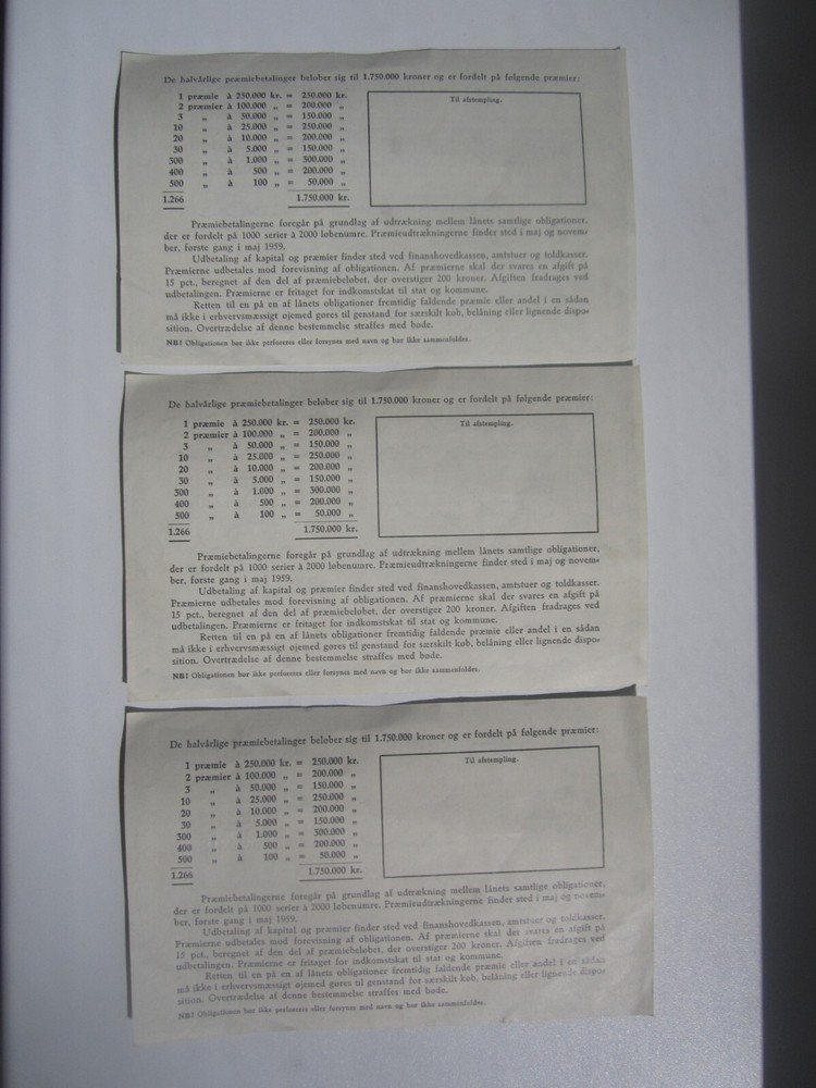 3x 1959 DENMARK PREMIEOBLIGATION