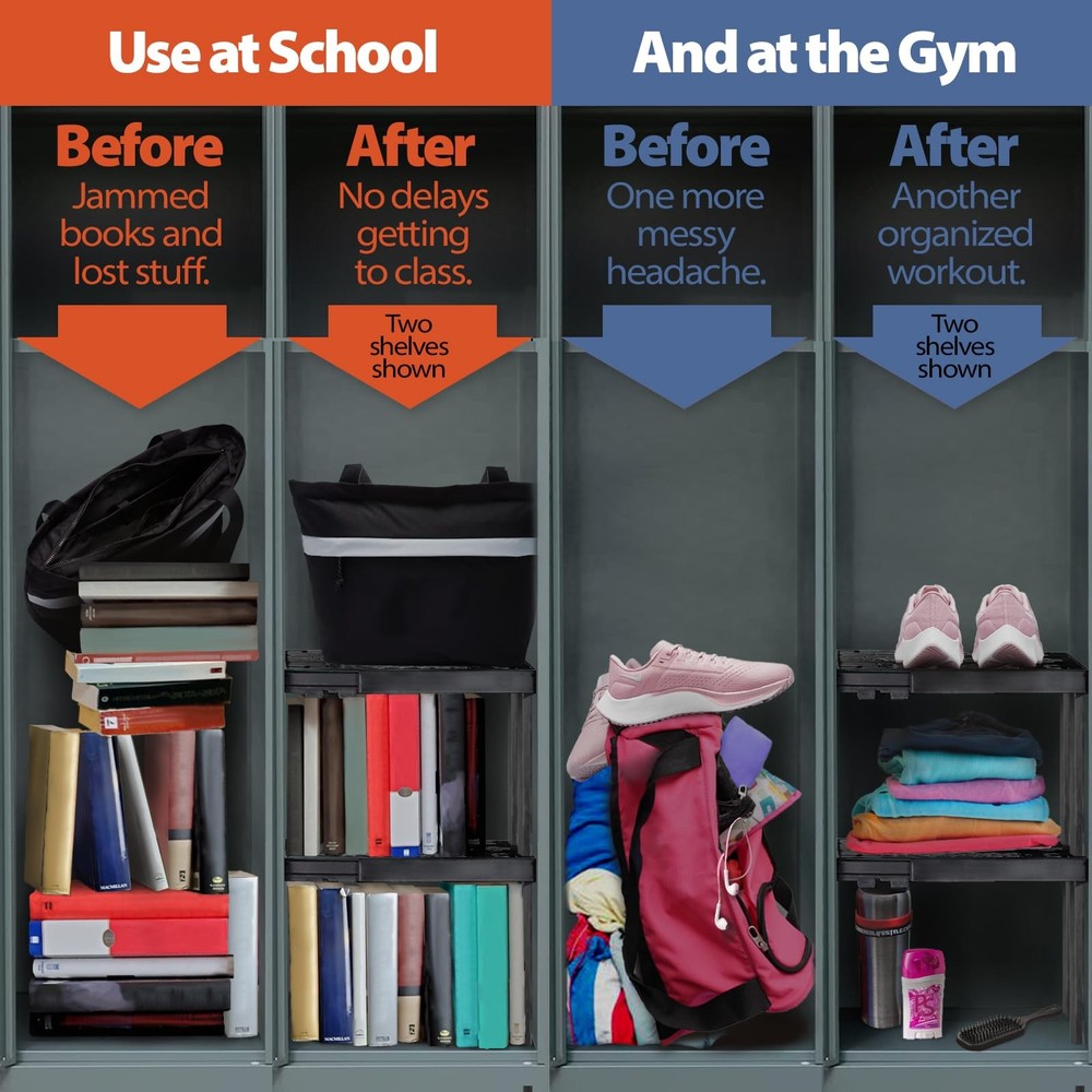 Locker Organizer Shelf Adjustable Width Height School Gym Office White 2 Pack
