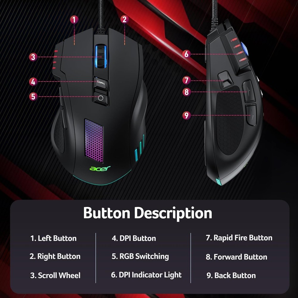 Wired Gaming , 12,800 DPI RGB Ergonomic Computer with Optical , 8 Programmabl...