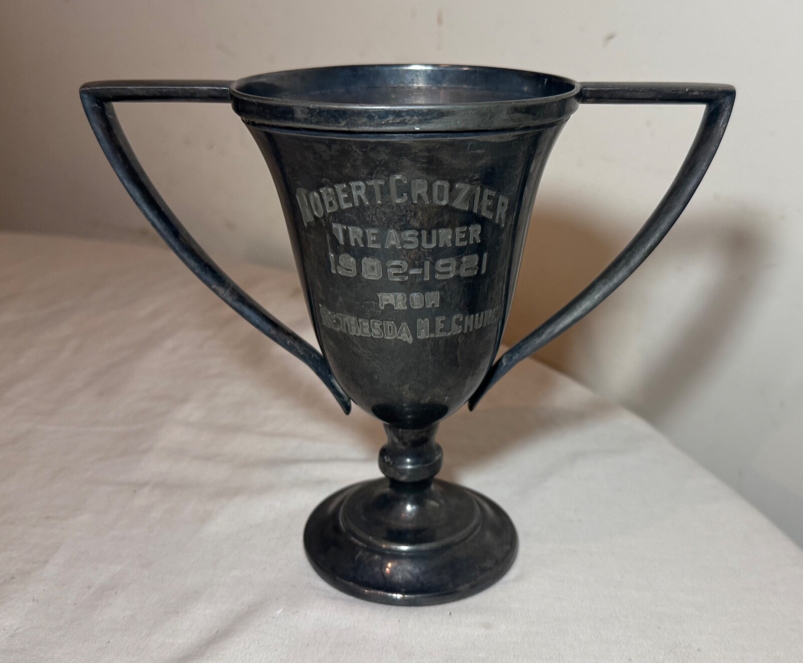 antique 1902-21 silverplate engraved Bethesda ME Church Treasurer trophy award
