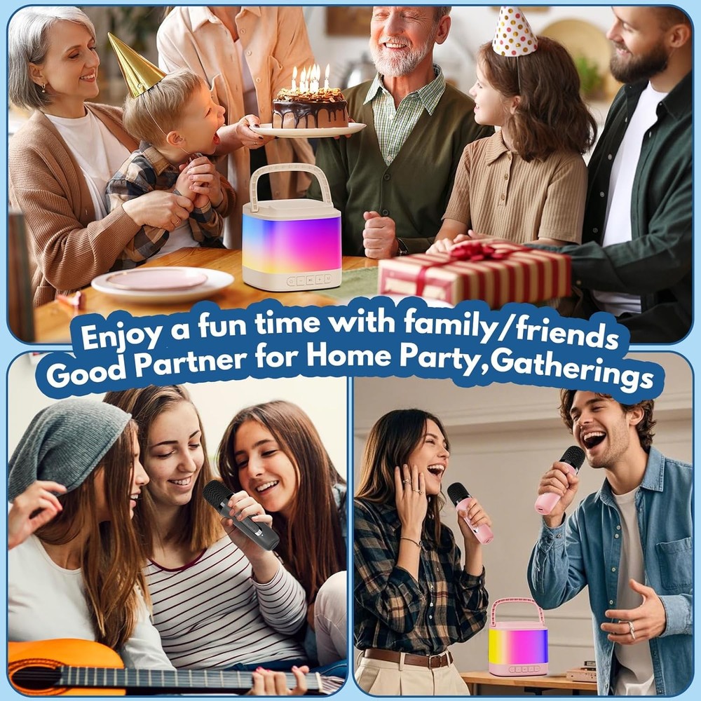 Mini Karaoke Machine, Bluetooth Speaker, 2Wireless Microphones&Holder, Gift Idea