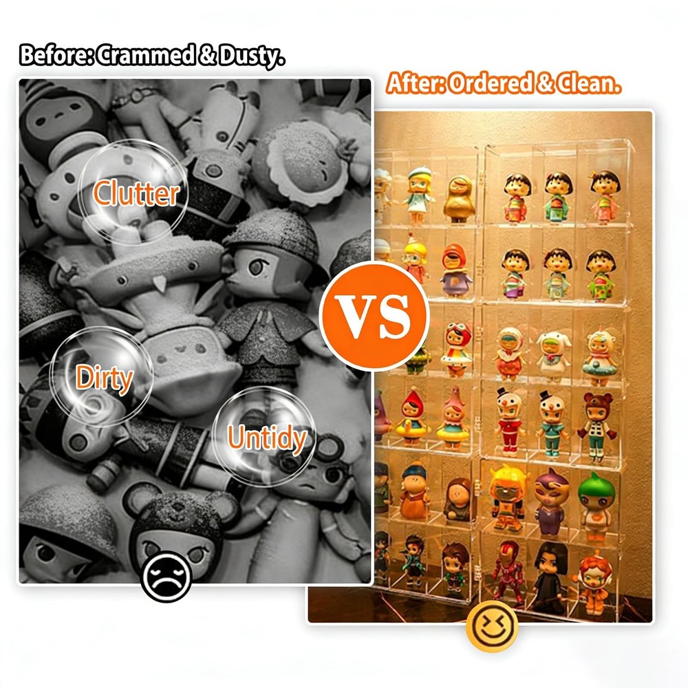 6 Compartment Acrylic Display Case for Collectibles -Stackable Display Box wi...