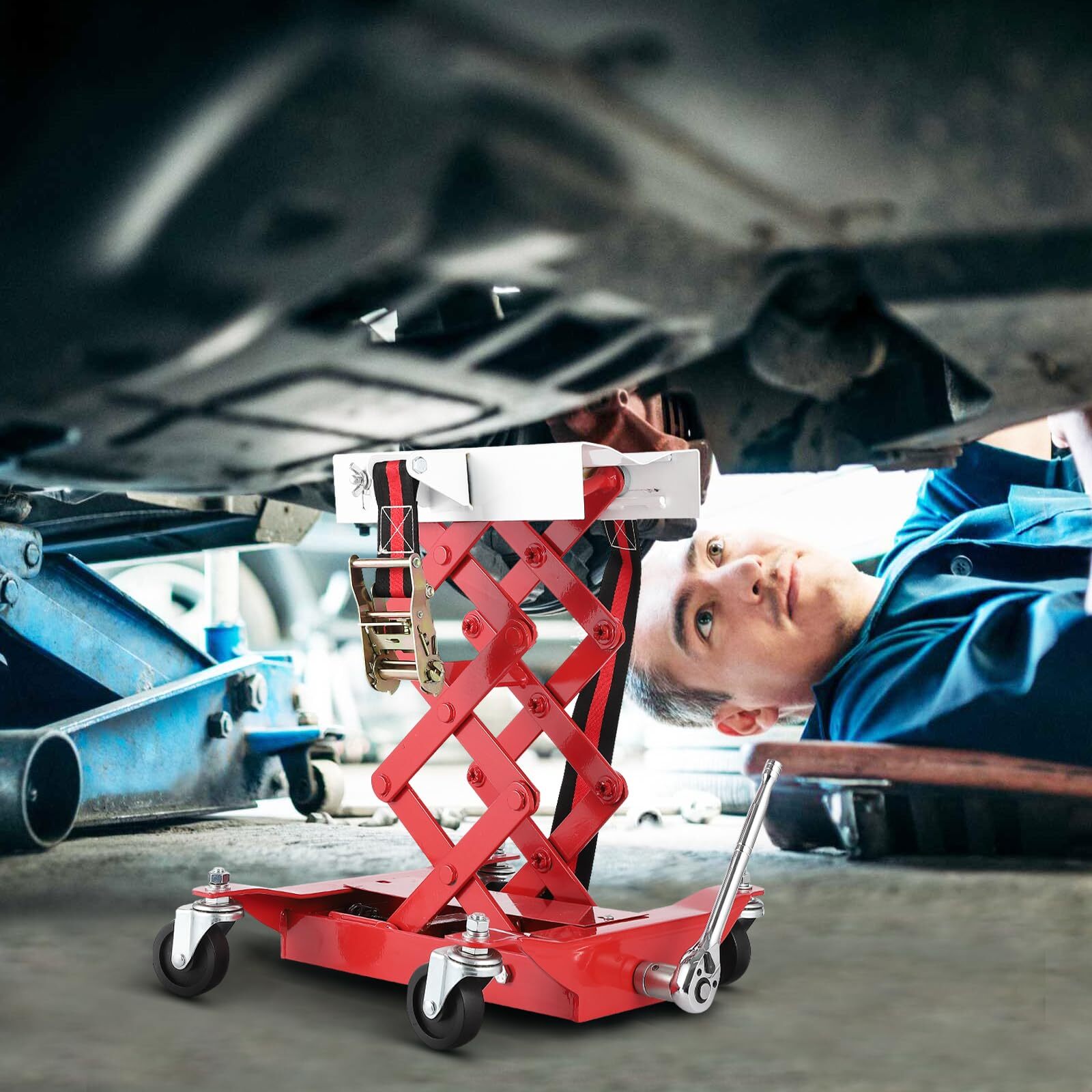 ✅450 Lbs Capacity Low Profile Transmission Jack W/Safety Straps 7-23" Lift Range