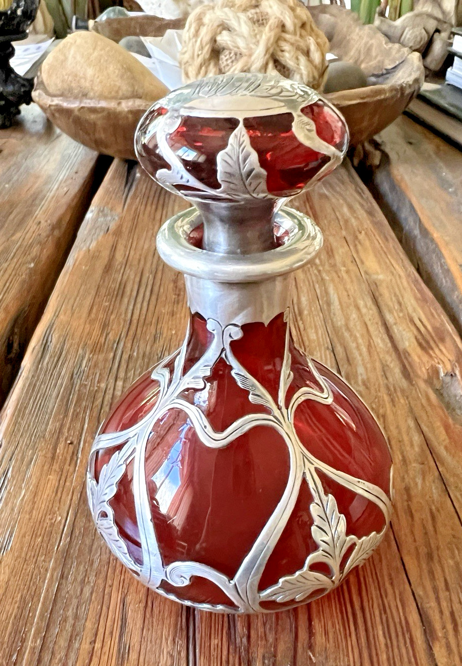 Gorham Perfume D952 Antique Art Nouveau Bottle American Red Glass Silver Overlay