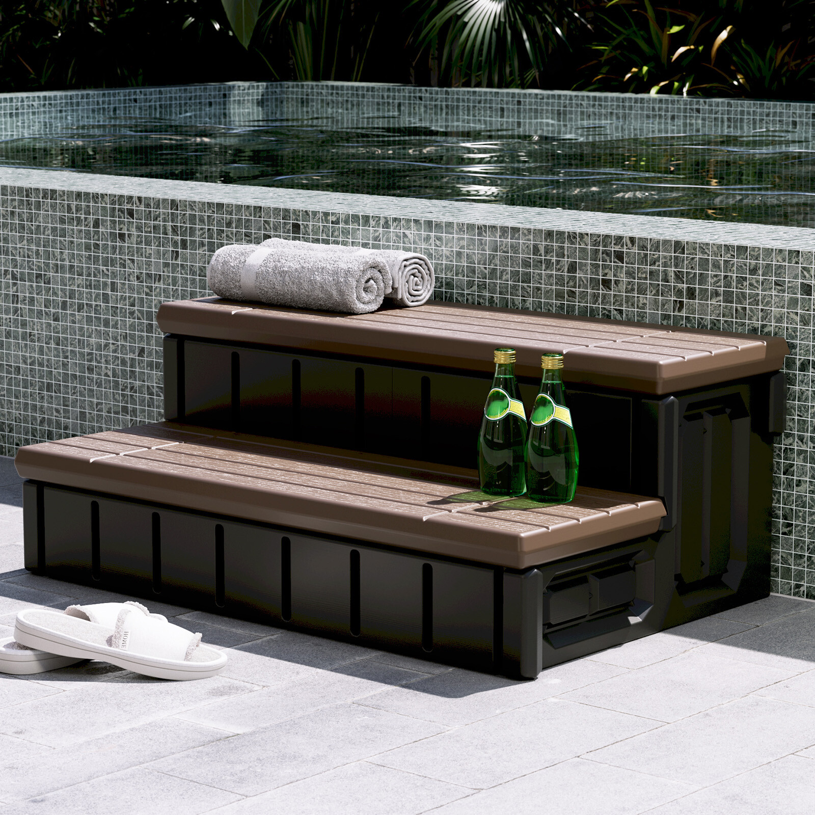 Brown+Black Universal 2 Slip-Resistant Spa & Hot Tub Step Outdoor with Storage