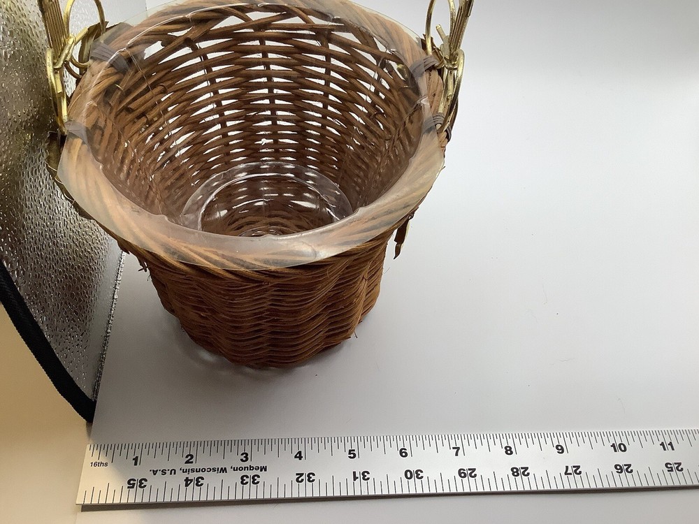 Wicker Flower Planter Vase Metal Handle And Leafs MISSING 1 Leaf