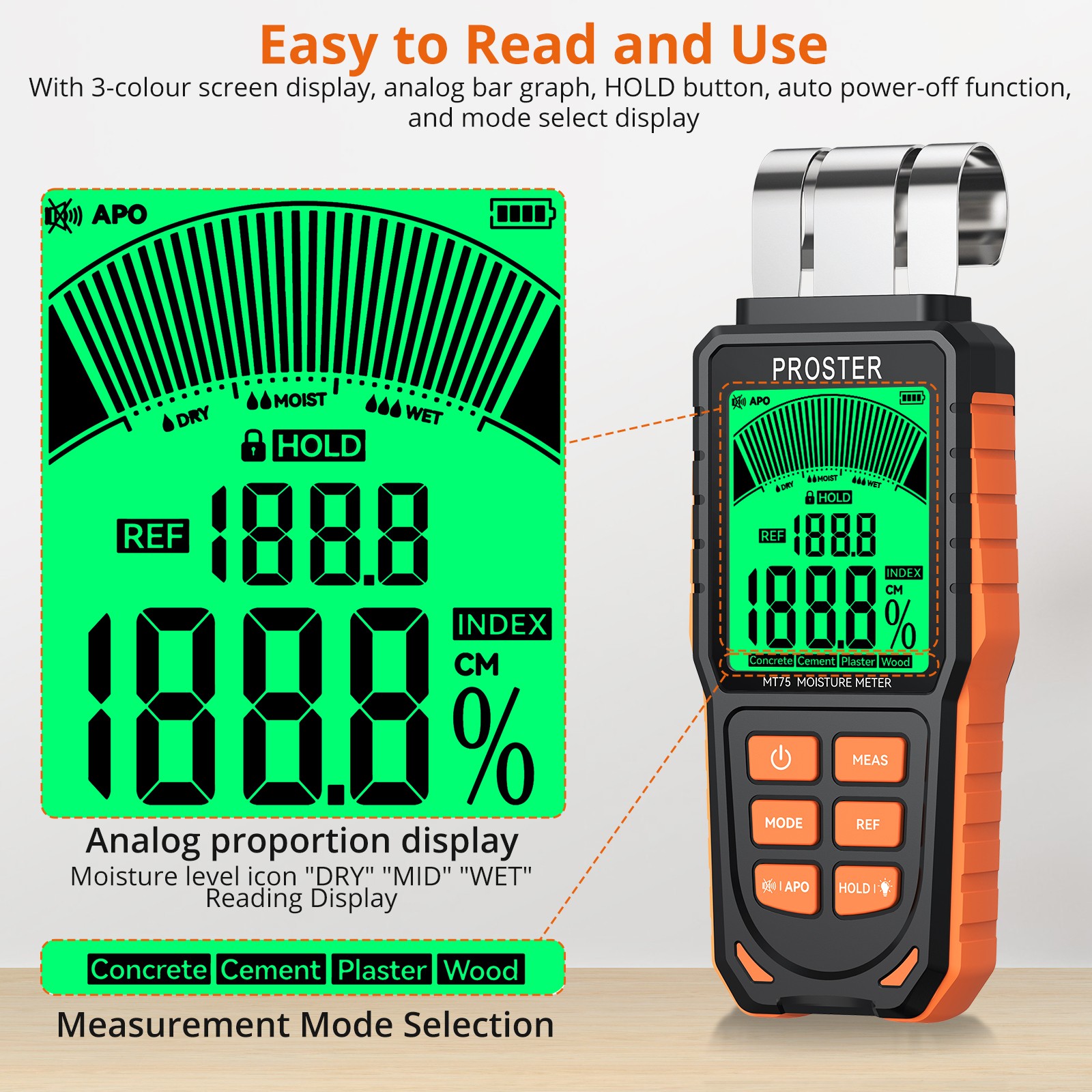 Proster Pinless Moisture Meter Wall Firewood Masonry Concrete 5Modes Damp Tester