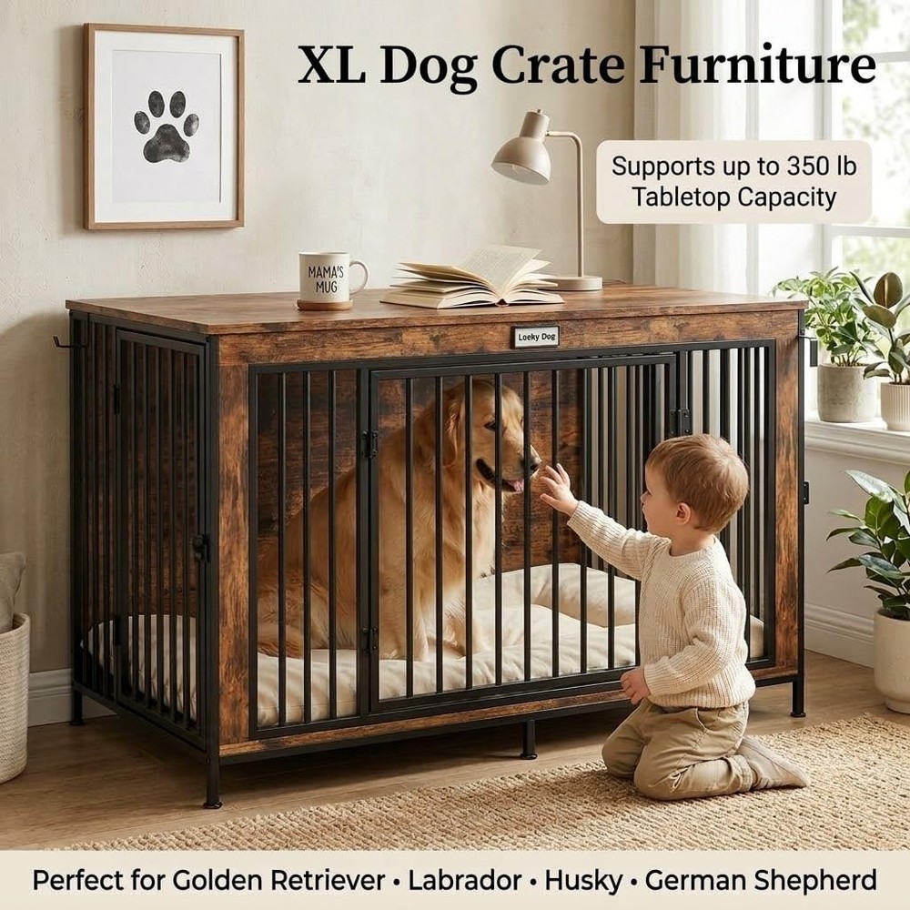 XL 48 Inch Rustic Wooden Dog Crate Furniture TV Stand Entertainment Center