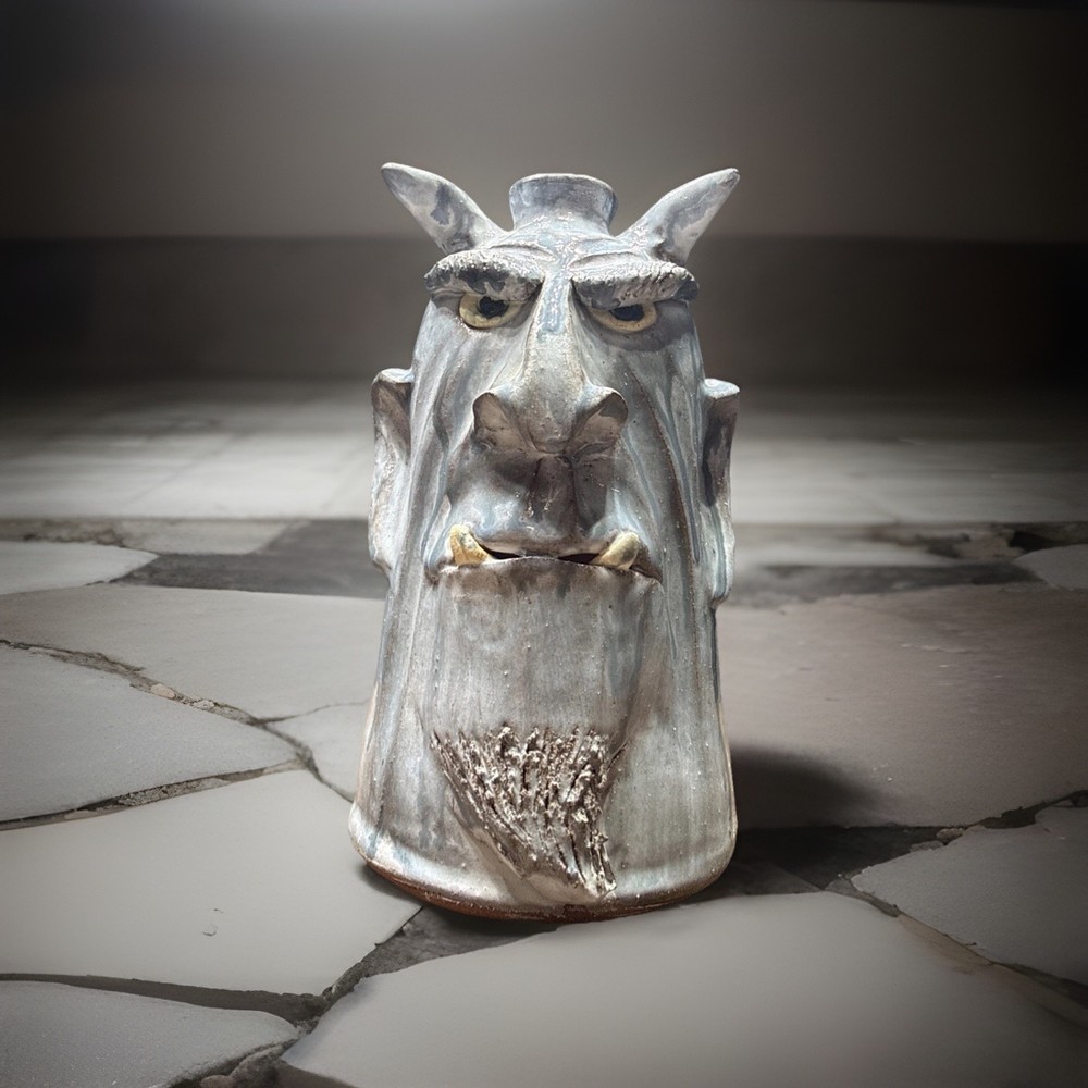 DAL BURTCHAELL Primitive Folk Art Devils Face Rustic Gray Glaze