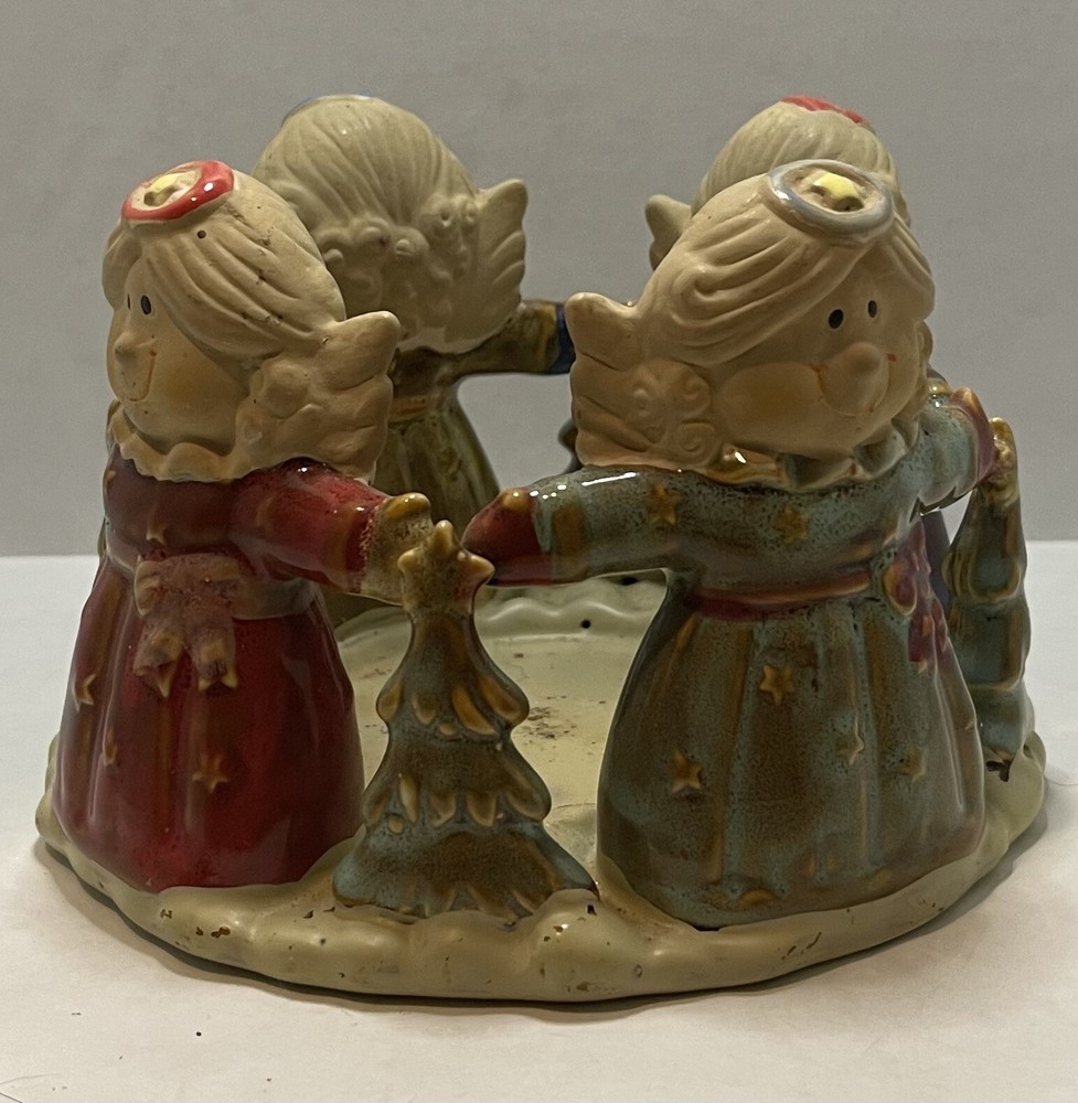 Ceramic Angels And Christmas Tree Pillar Candle Ring Holder