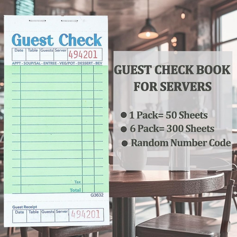 Waitress Notepad 6 Pack - Perforated Green Guest Checks for Efficient Ordering