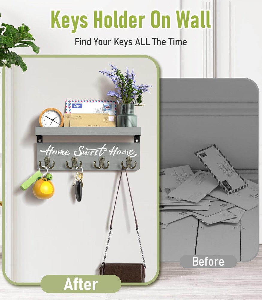 buways Key Holder Wall Mount with 4 Double Hooks-Solid Wood 15lb, Gray