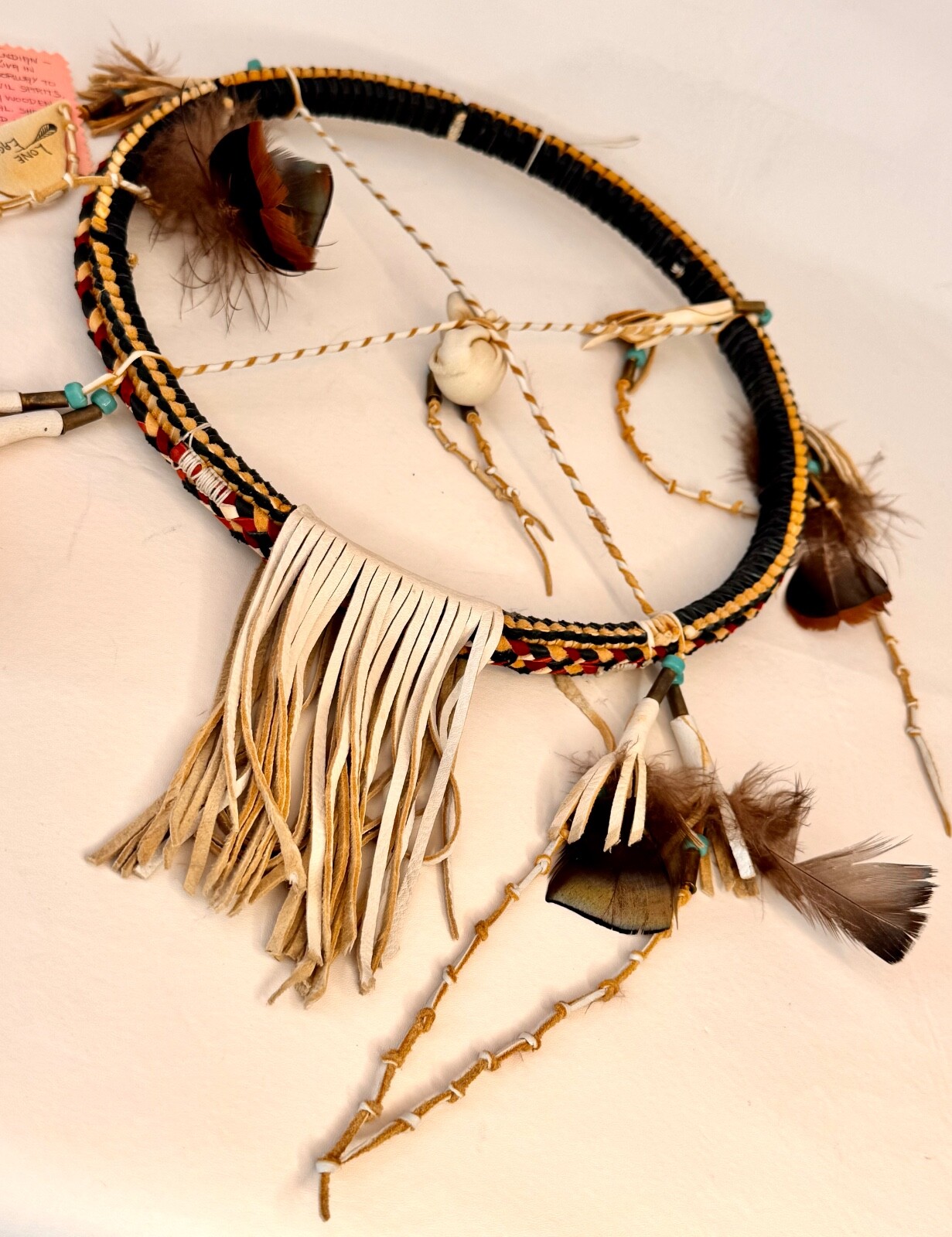 Medicine Wheel-Hopi Artist Lone Eagle Wall Art Braided Leather Wood Hoop Signed