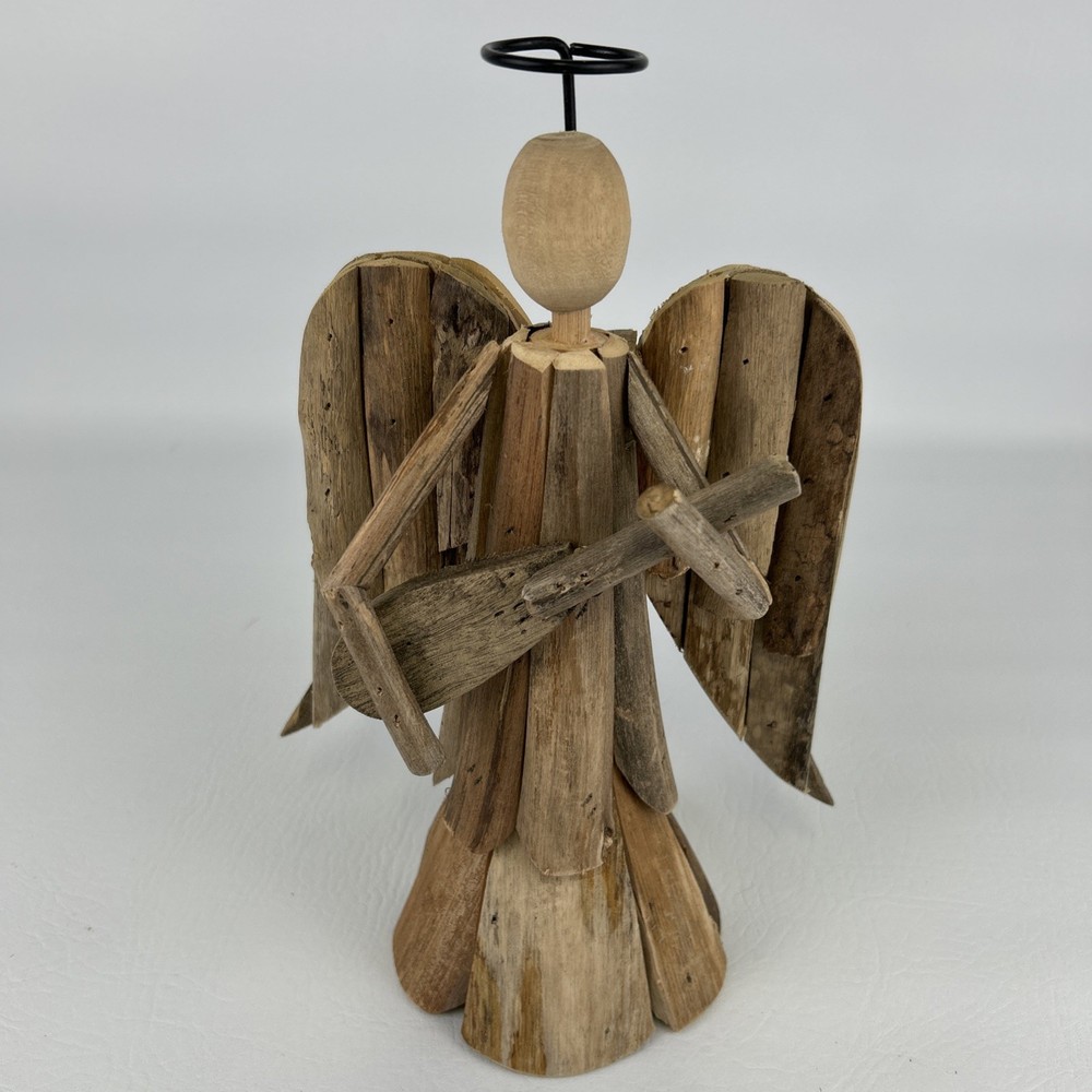 Driftwood Angel Figurine Handmade Folk Art 11” Rustic Primitive Boho Coastal