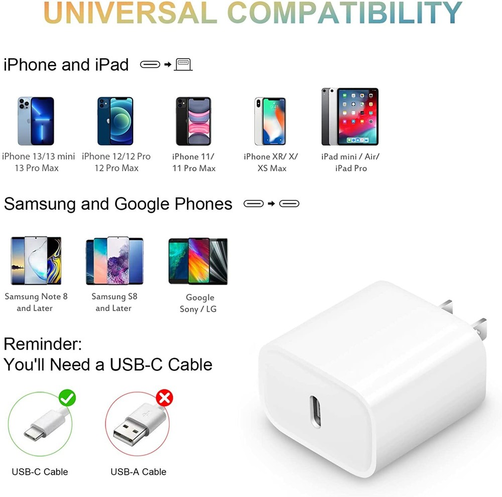 Fast Charger Power Adapter 20W USB-C Type C PD Block Lot For iPhone iPad Android