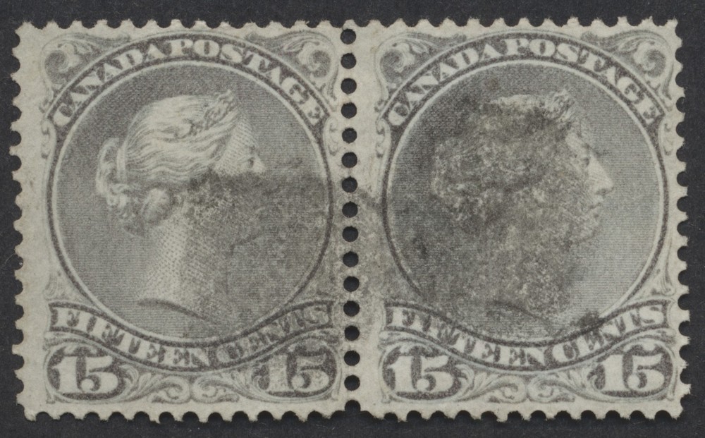Canada Pair #29 15c Large Queens Grey Shade Smudge Cancel
