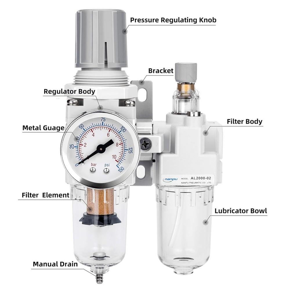 Compressed Air Filter Regulator - Water/Oil Separator, Gauge