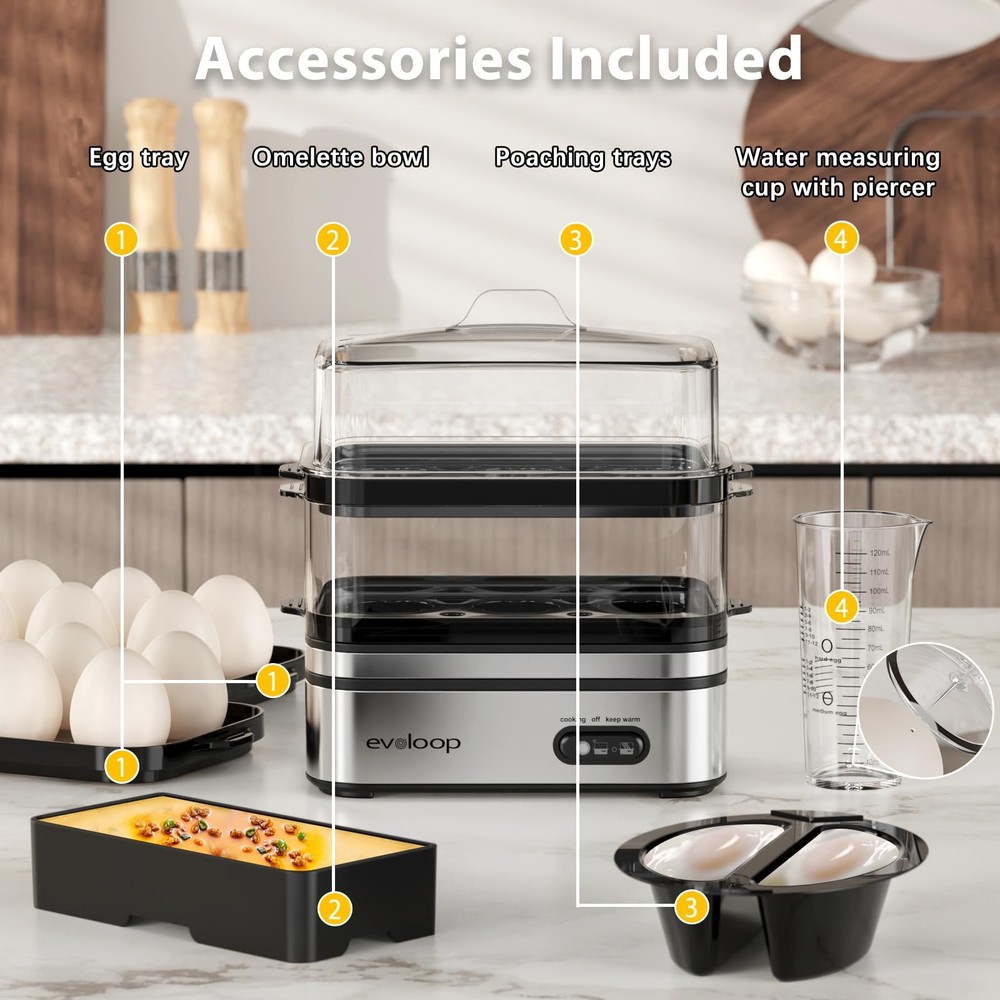 Evoloop Rapid Egg Cooker Electric 12 Eggs Capacity, Soft, Medium, Hard Boiled...