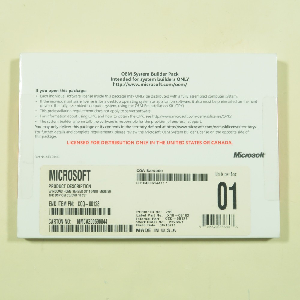 Microsoft Windows Home Server 2011 OEM System Builder Pack New Sealed