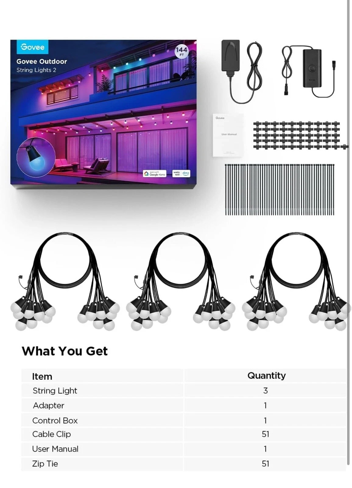 Govee Smart Outdoor String Lights 2, 144ft RGBIC Outdoor Lights with Dimmable