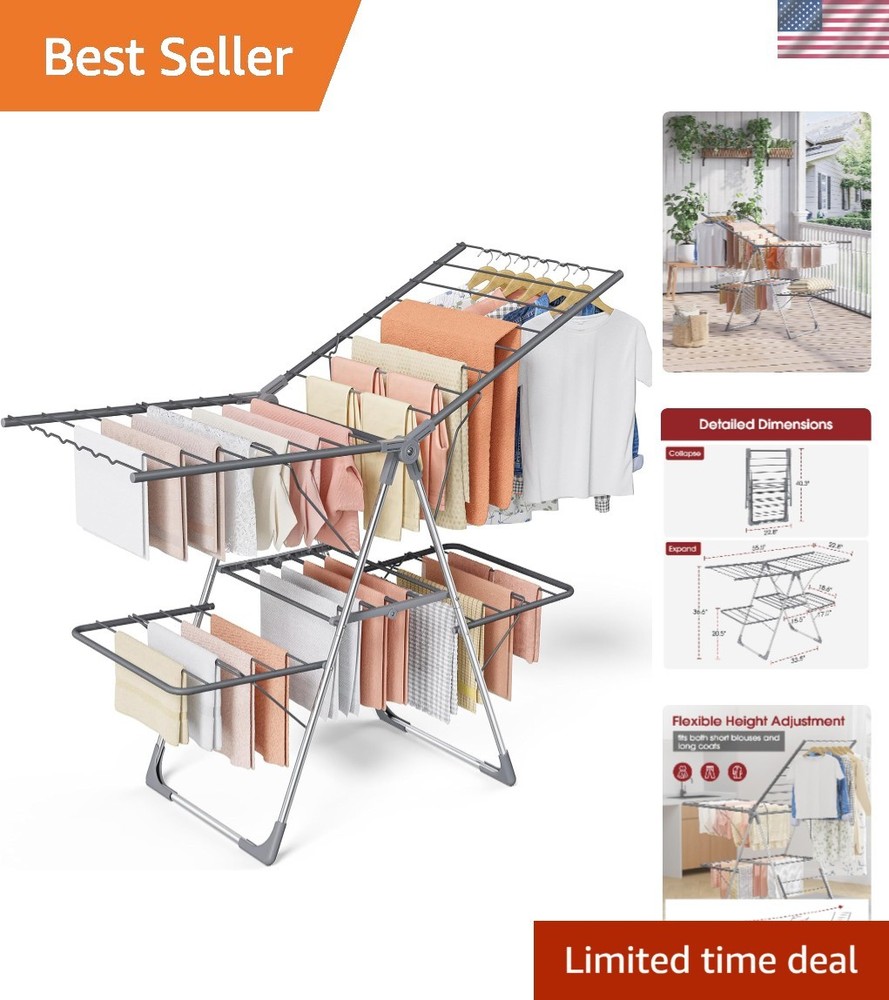 Versatile 2-Level Foldable Clothes Drying Rack with Height-Adjustable Wings