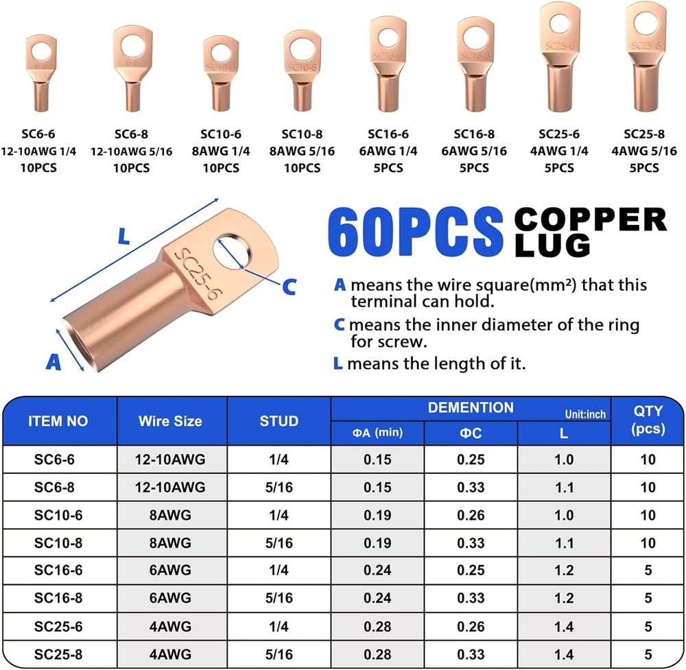 Battery Cable Lug Crimping Tool Kit with Cable Cutter 60pcs Ring Terminals 60...