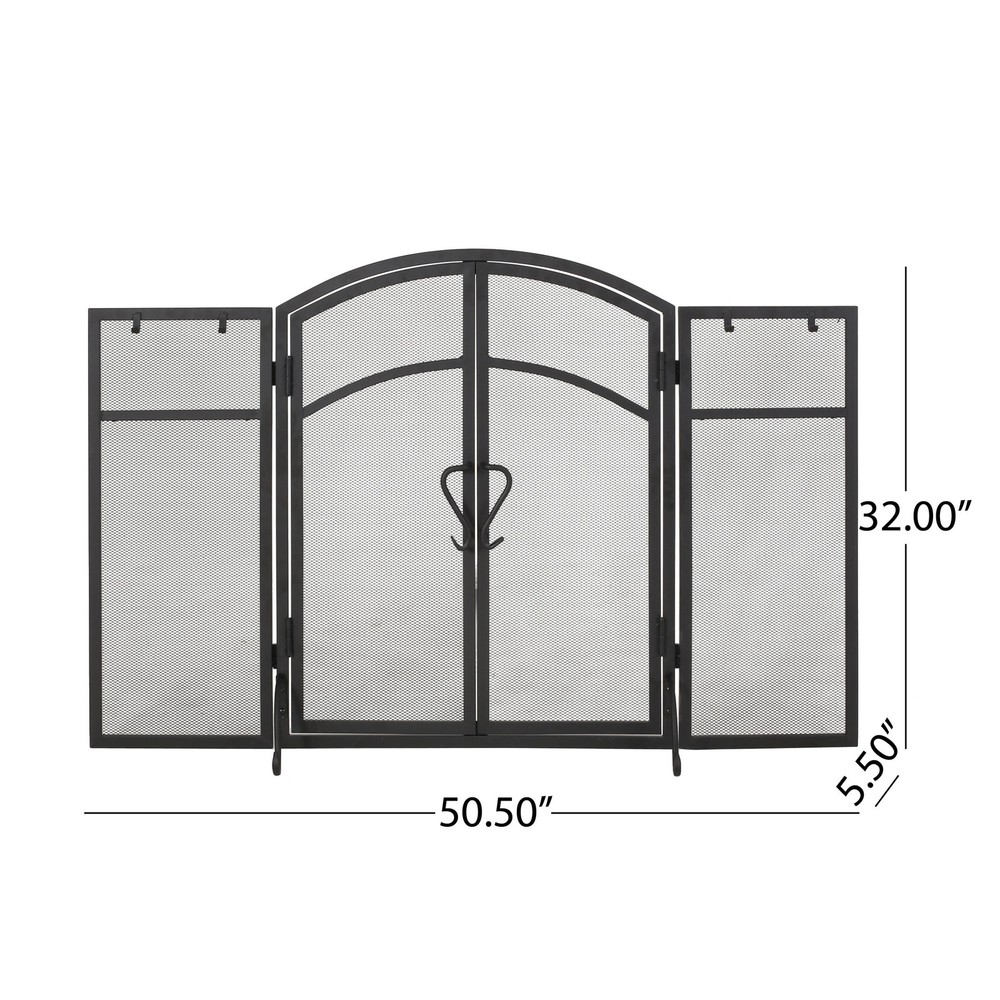 Modern 3 Panel Iron Folding Fireplace Screen with Doors and Tools Matte Black