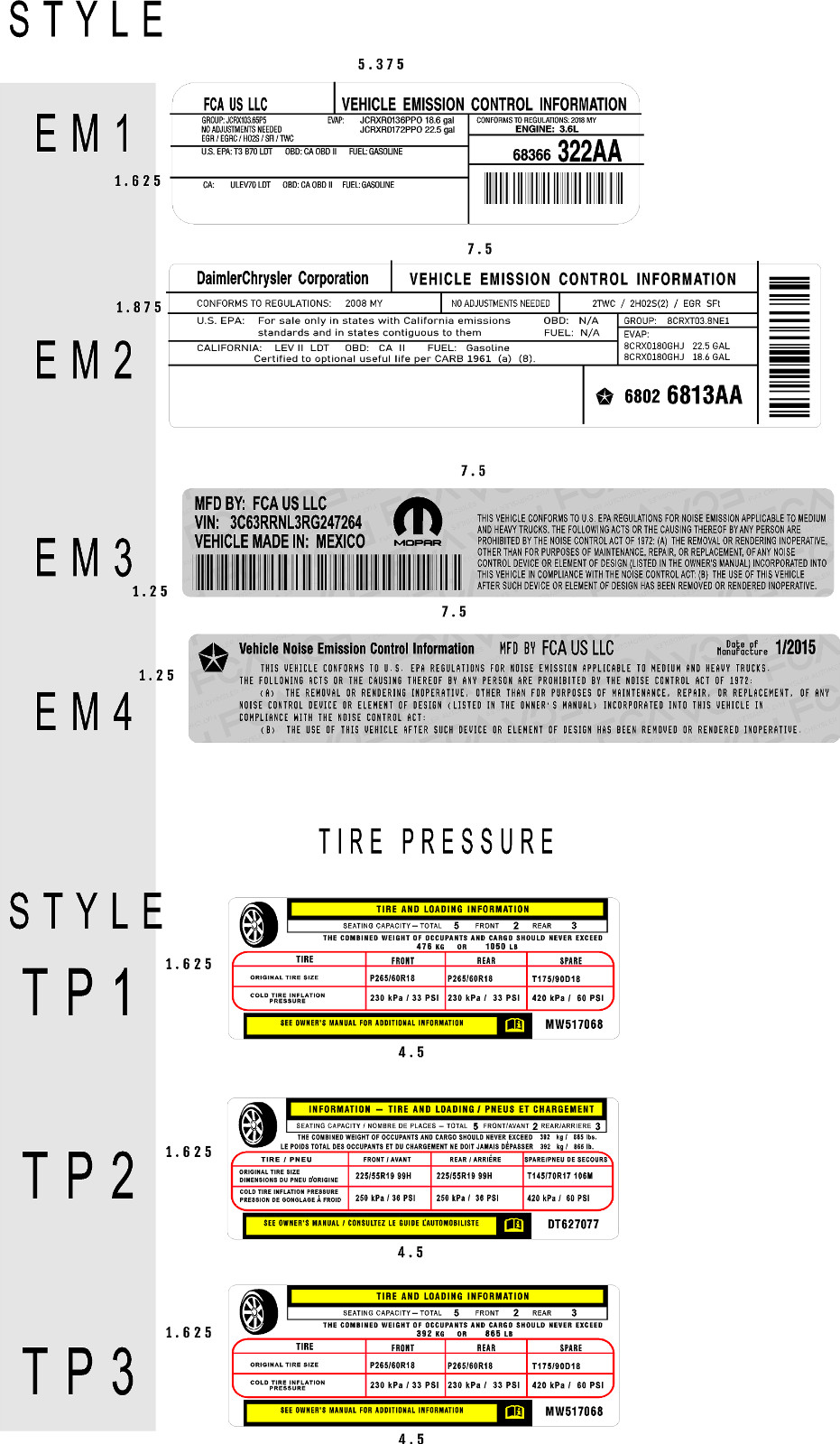 CUSTOM FCA CHRYSLER Decal Sticker ID Label Tire Loading Information VIN# USA 3M