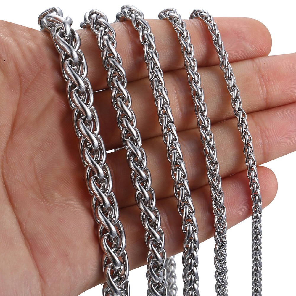 3/4/5/6/8mm Braided Wheat Chain Silver 316L Stainless Steel Men Women Necklace