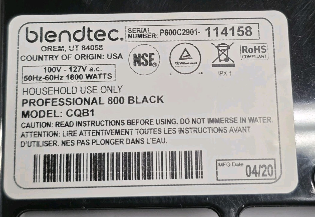 Blendtec Professional 800 Black CQB1 Commerical Blender