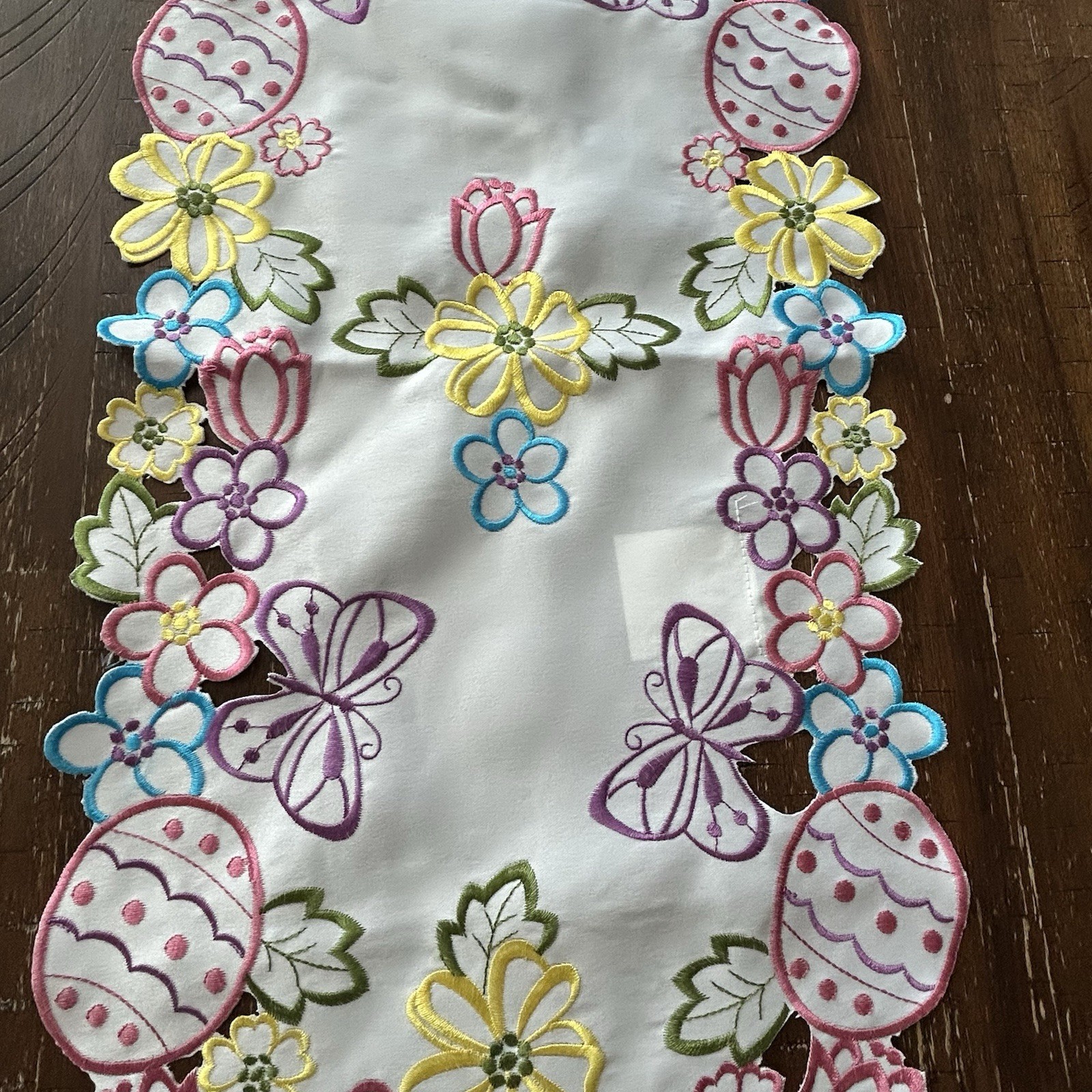 Easter Table Runner 68” Embroidered Cut work Spring Floral Easter Eggs