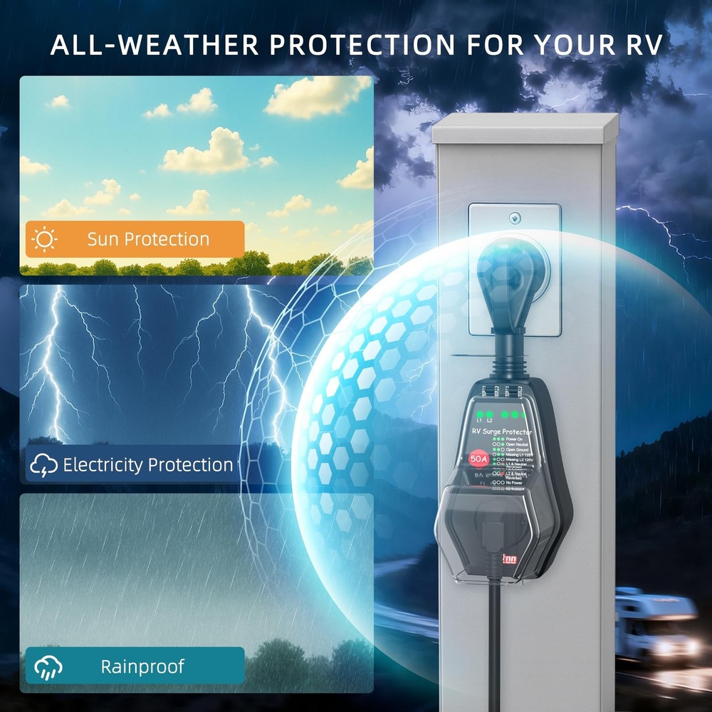 50A RV Surge Protector with Replaceable Module, 12000J Circuit Analyzer for C...