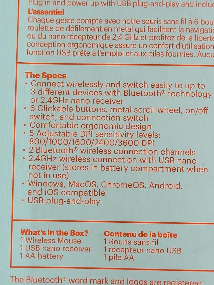 onn. 2.4ghz 6 button wireless mouse new damaged box