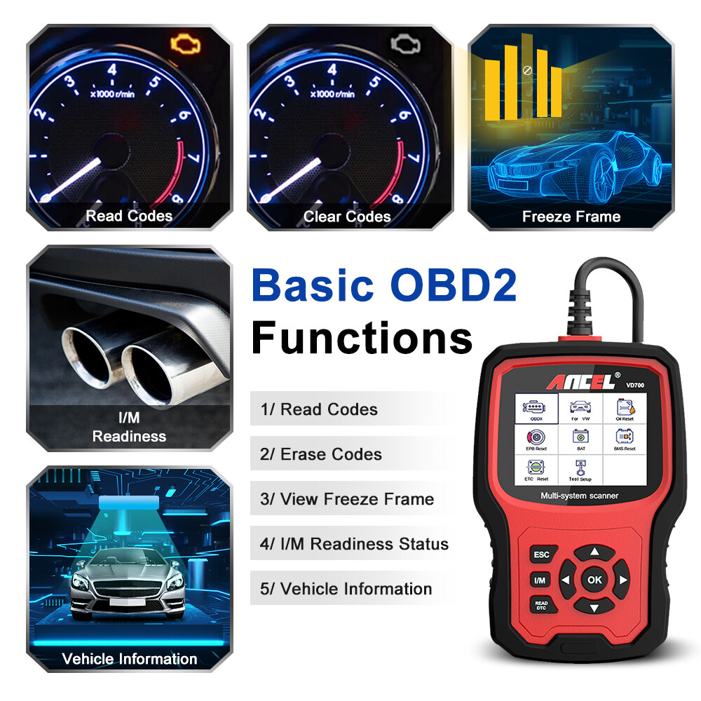 Ancel VD700 All System Diagnostic ABS SRS DPF Oil Car OBD2 Scanner Code Reader