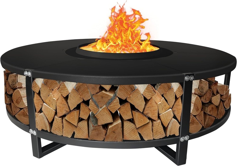 FEBTECH 21.6" Smokeless Fire Pit with Round Tabletop & Firewood Storage Shelf