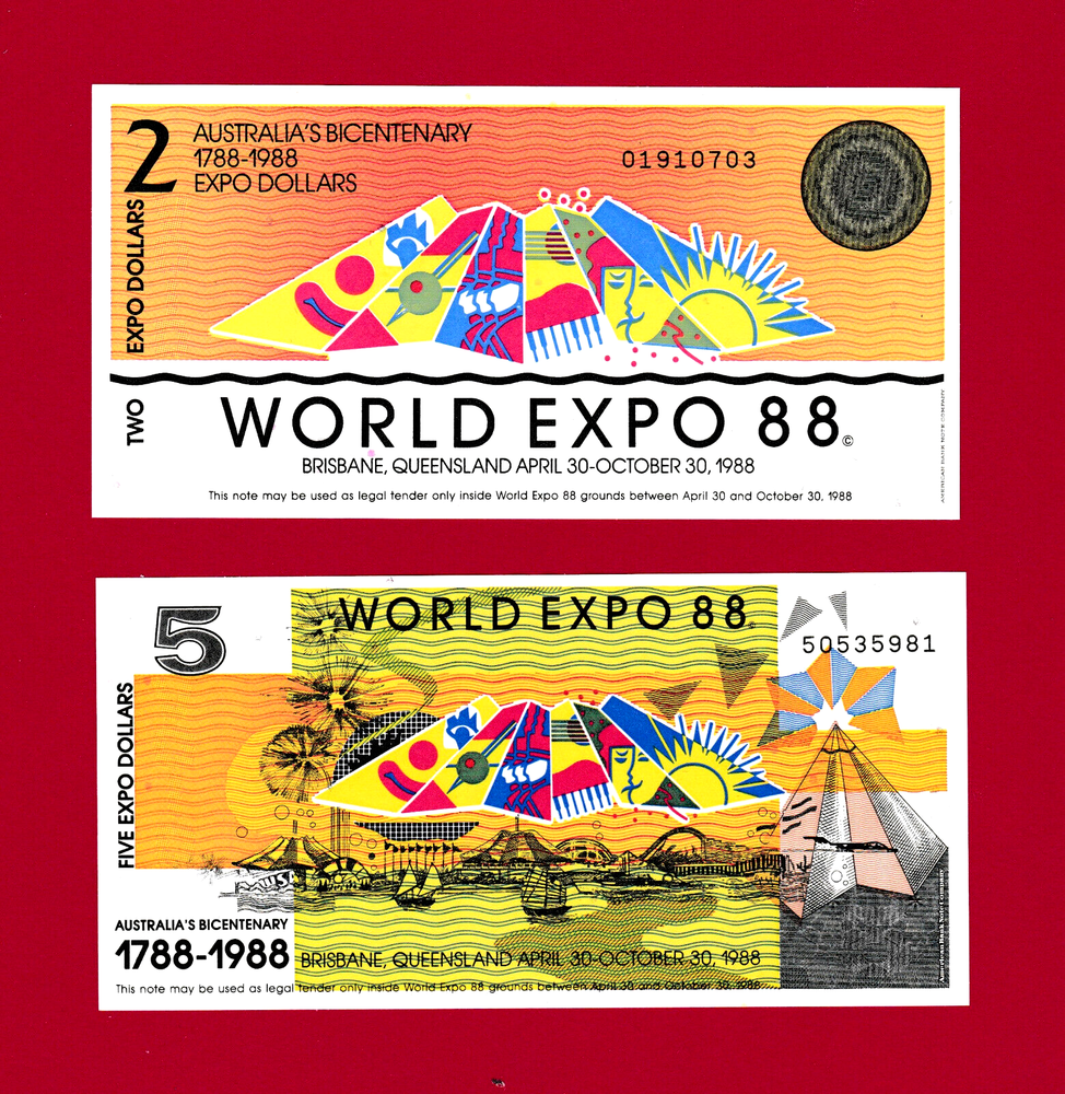 PARTIALLY-ENGRAVED ABNC AUSTRALIA UNC NOTES: $2.00 & $5.00 WORLD-EXPO 1988 NOTES