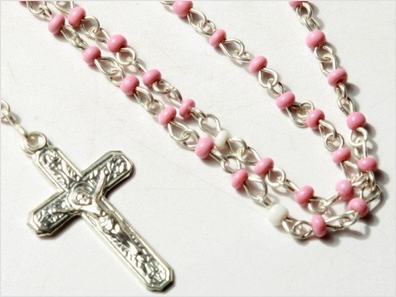 10" Czech vintage miniature glass beaded religious rosary crucifix pendant