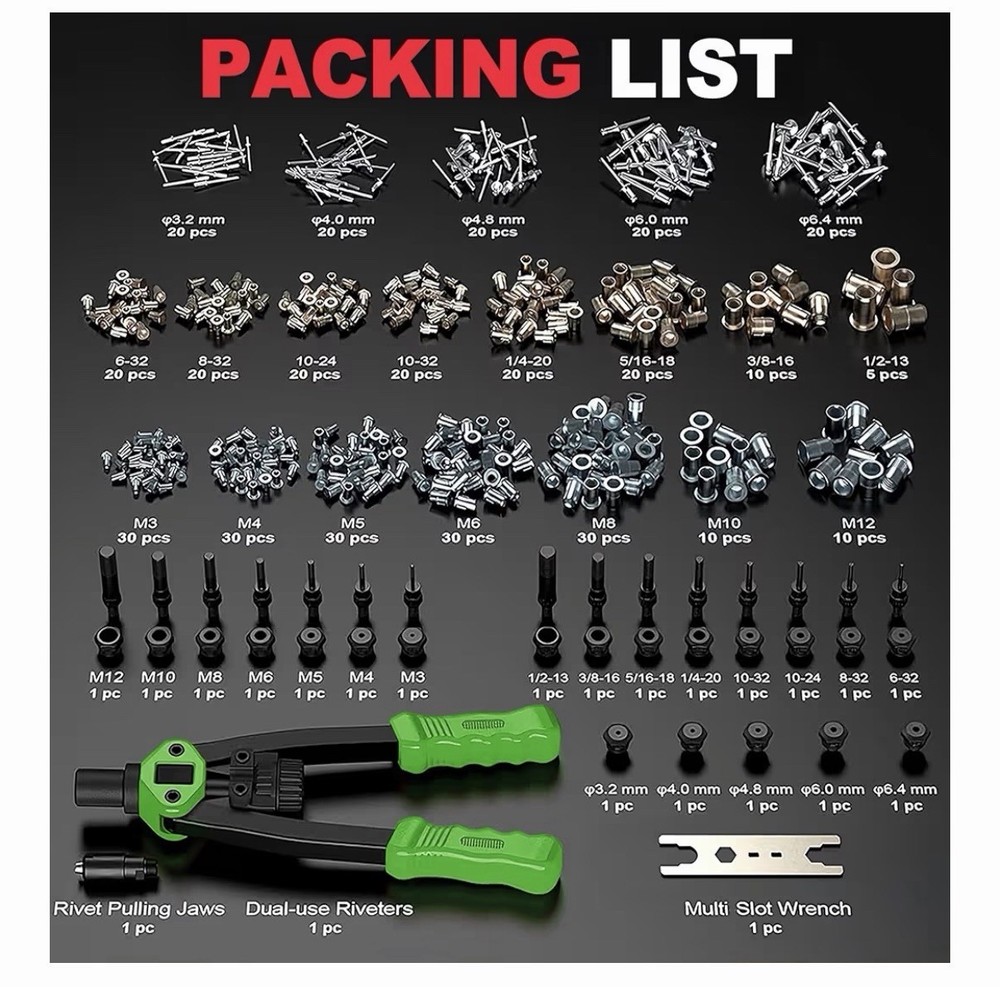 Dual Function Hand Rivet Gunn Wt Rugged Carrying Case 400+pcs Rivet Nuts