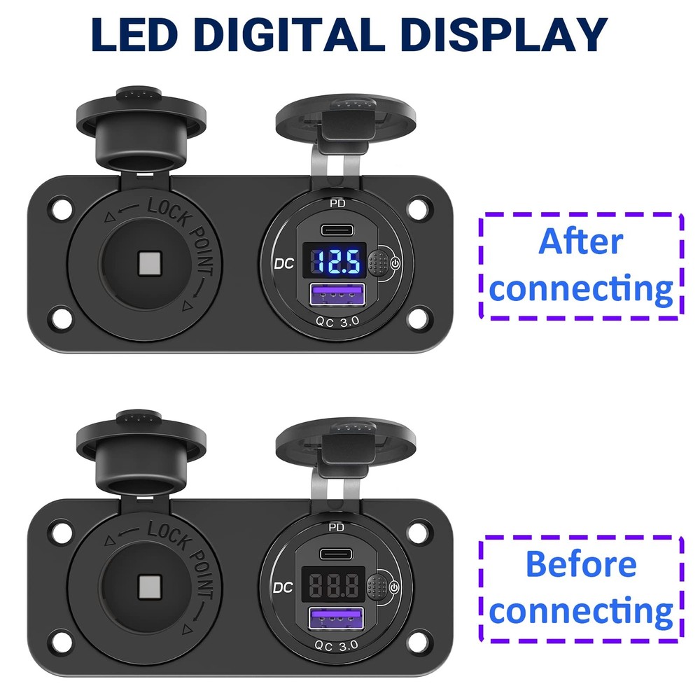 Cigarette Lighter Socket 12 Volt USB Outlet: PD 20W C and 2 in 1 - voltmeter