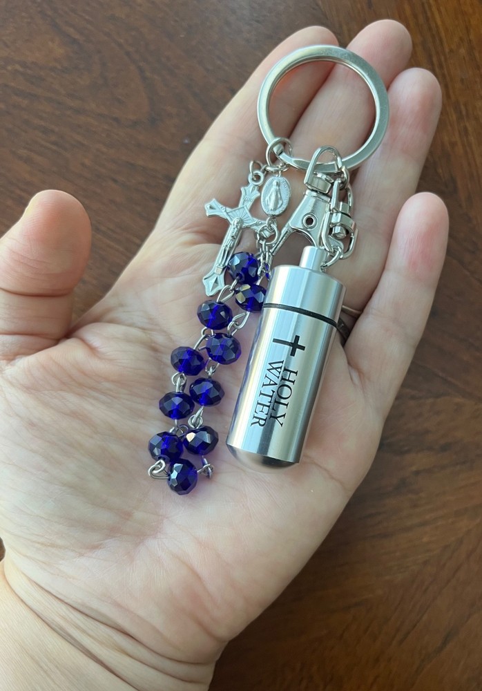 Glass Rosary HOLY WATER Vial KEYCHAIN Container Pocket Carrier Crucifix Empty