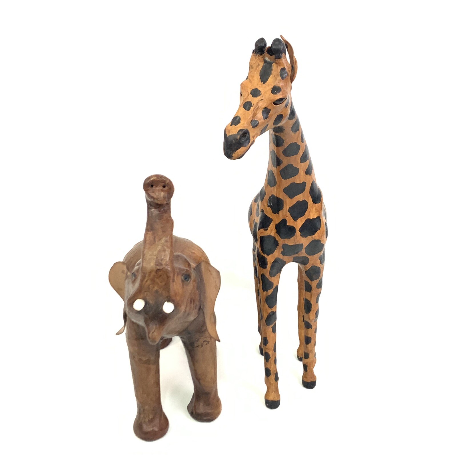 Vintage Elephant & Giraffe Statue Figure Brown Leather Wrapped Home Decor #8627